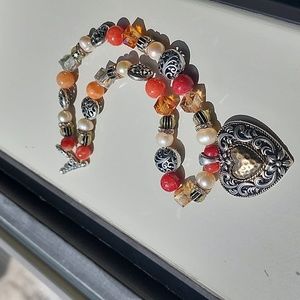 Orange cystalite necklace and earring set with silver findings and heart pendant